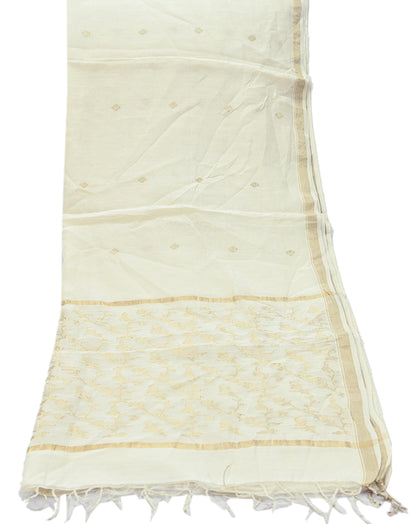 Indian Vintage Ivory Dupatta Long Stole Pure Silk Hand Woven Scarves Veil Scarf Wrap Floral Zari Fringes