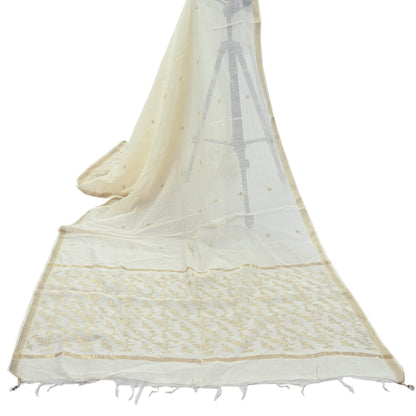 Indian Vintage Ivory Dupatta Long Stole Pure Silk Hand Woven Scarves Veil Scarf Wrap Floral Zari Fringes