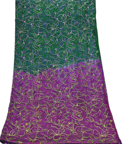 Indian Vintage Purple & Green Dupatta Pure Chiffon silk Long Stole Printed Hand Embroidered Scarves Floral Design Stole Veil Wrap Zari
