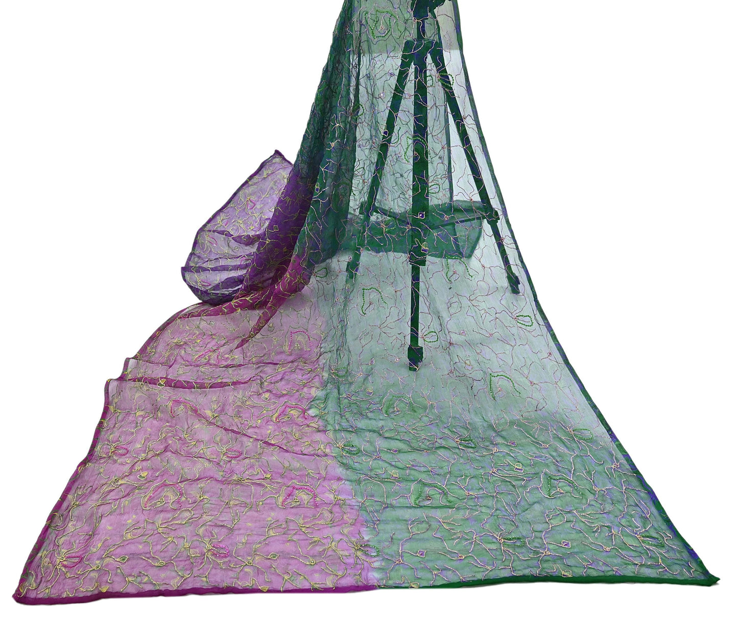 Indian Vintage Purple & Green Dupatta Pure Chiffon silk Long Stole Printed Hand Embroidered Scarves Floral Design Stole Veil Wrap Zari