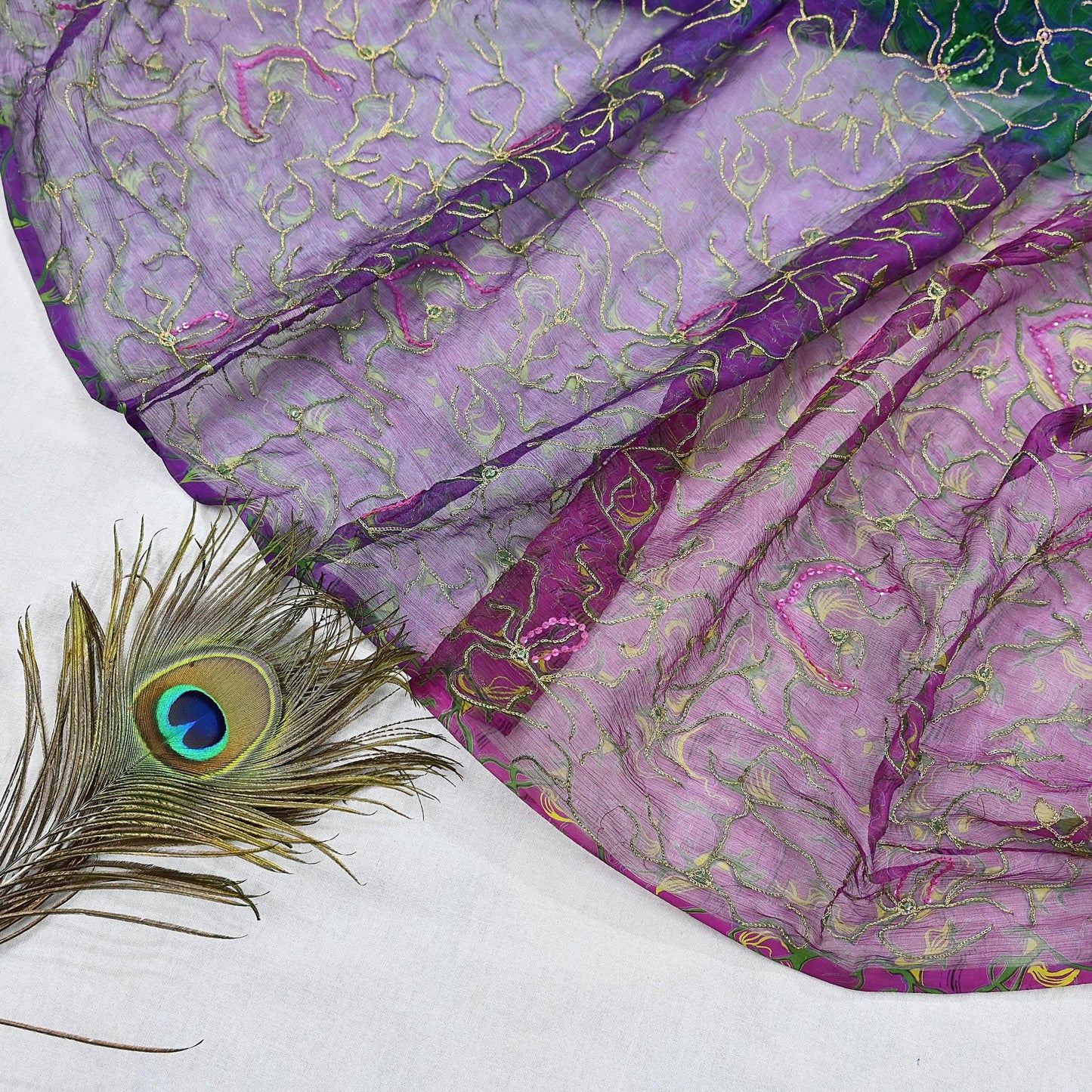 Indian Vintage Purple & Green Dupatta Pure Chiffon silk Long Stole Printed Hand Embroidered Scarves Floral Design Stole Veil Wrap Zari