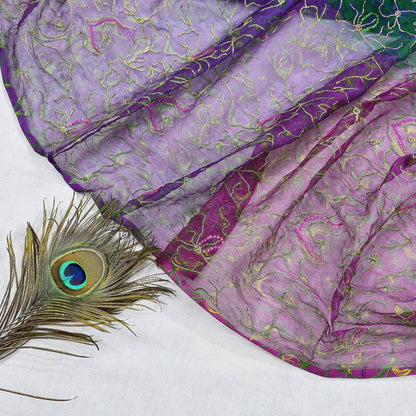 Indian Vintage Purple & Green Dupatta Pure Chiffon silk Long Stole Printed Hand Embroidered Scarves Floral Design Stole Veil Wrap Zari