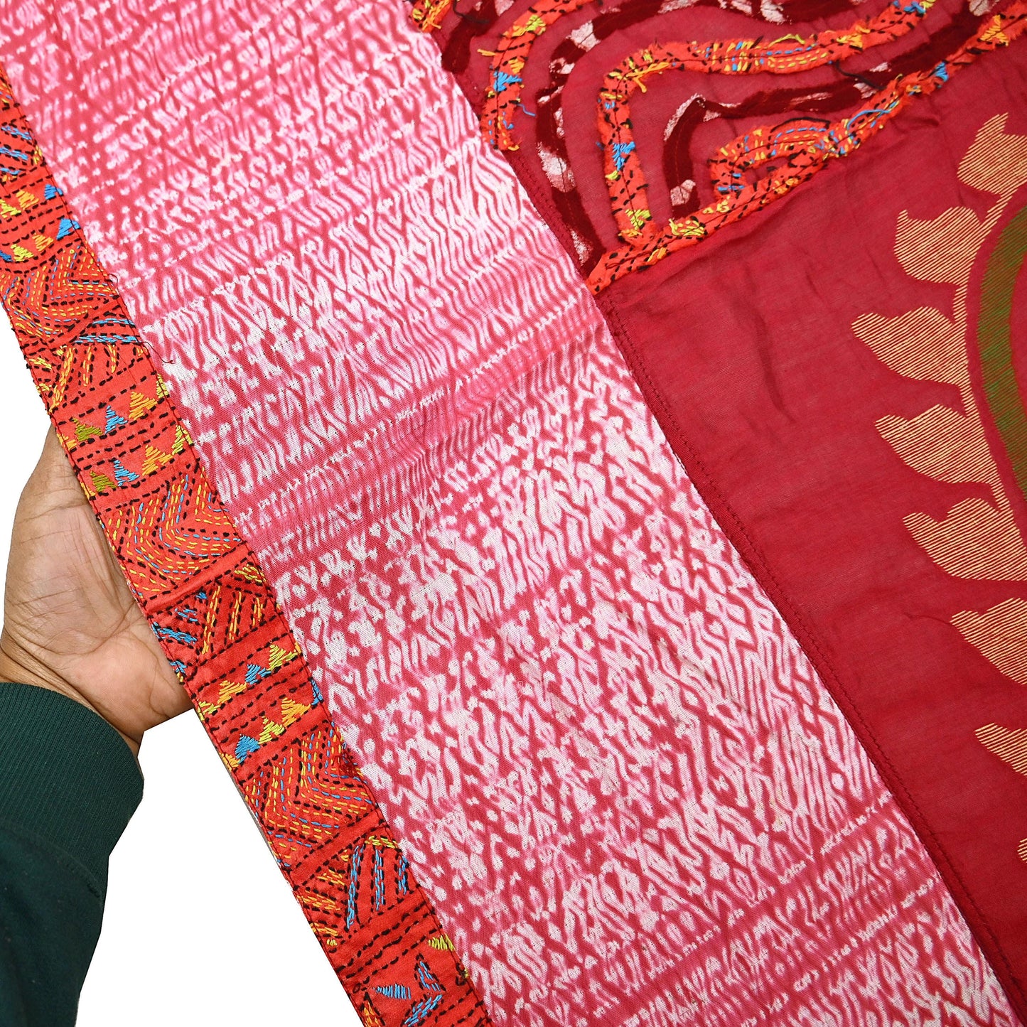 Indian Vintage Dupatta Red Long Stole chanderi Cotton Hand Embroidered Kantha Scarves Veil Scarf Wrap For Women's