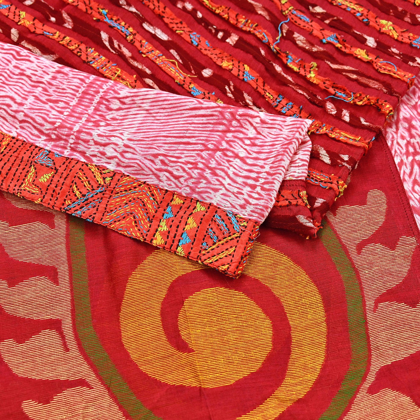 Indian Vintage Dupatta Red Long Stole chanderi Cotton Hand Embroidered Kantha Scarves Veil Scarf Wrap For Women's