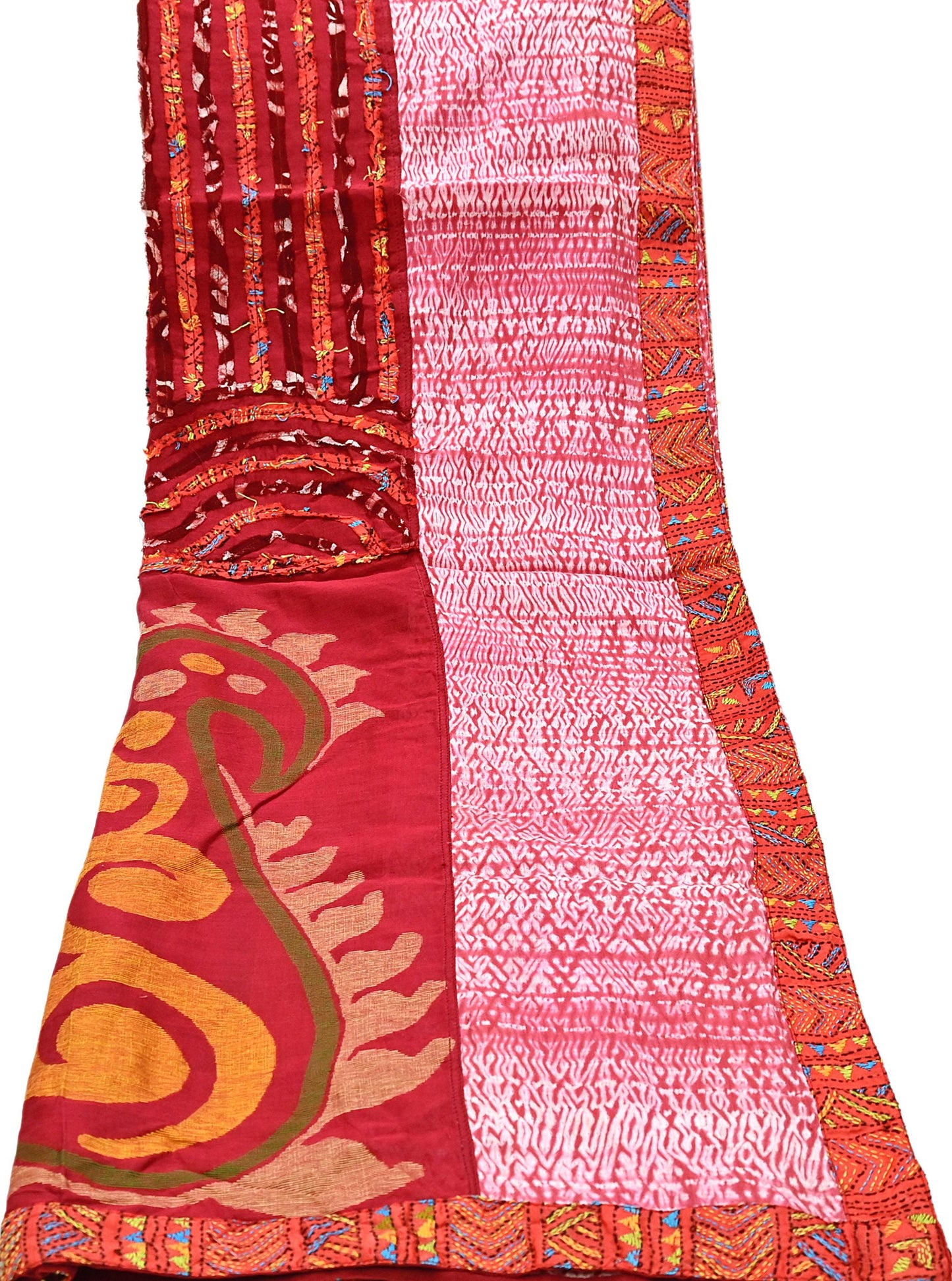 Indian Vintage Dupatta Red Long Stole chanderi Cotton Hand Embroidered Kantha Scarves Veil Scarf Wrap For Women's