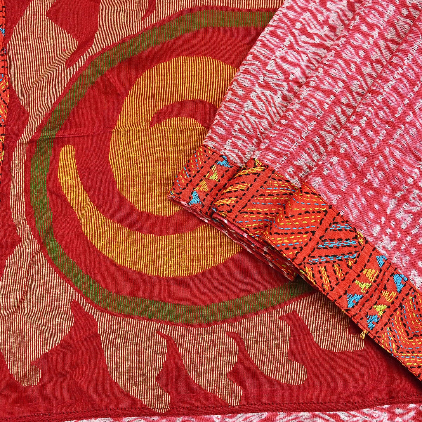 Indian Vintage Dupatta Red Long Stole chanderi Cotton Hand Embroidered Kantha Scarves Veil Scarf Wrap For Women's