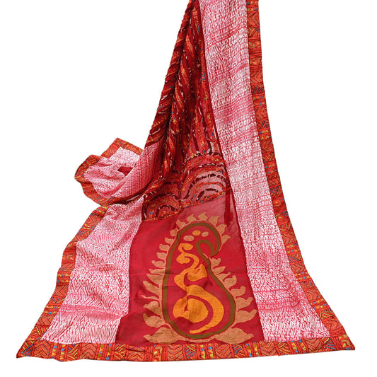 Indian Vintage Dupatta Red Long Stole chanderi Cotton Hand Embroidered Kantha Scarves Veil Scarf Wrap For Women's