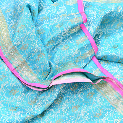 Indian Vintage Sari Blue Heavy Pure Silk Woven Banarasi Brocade Saree Fabric 5Yd Ethnic Dress making Crafting Bollywood Dress Designing Zari