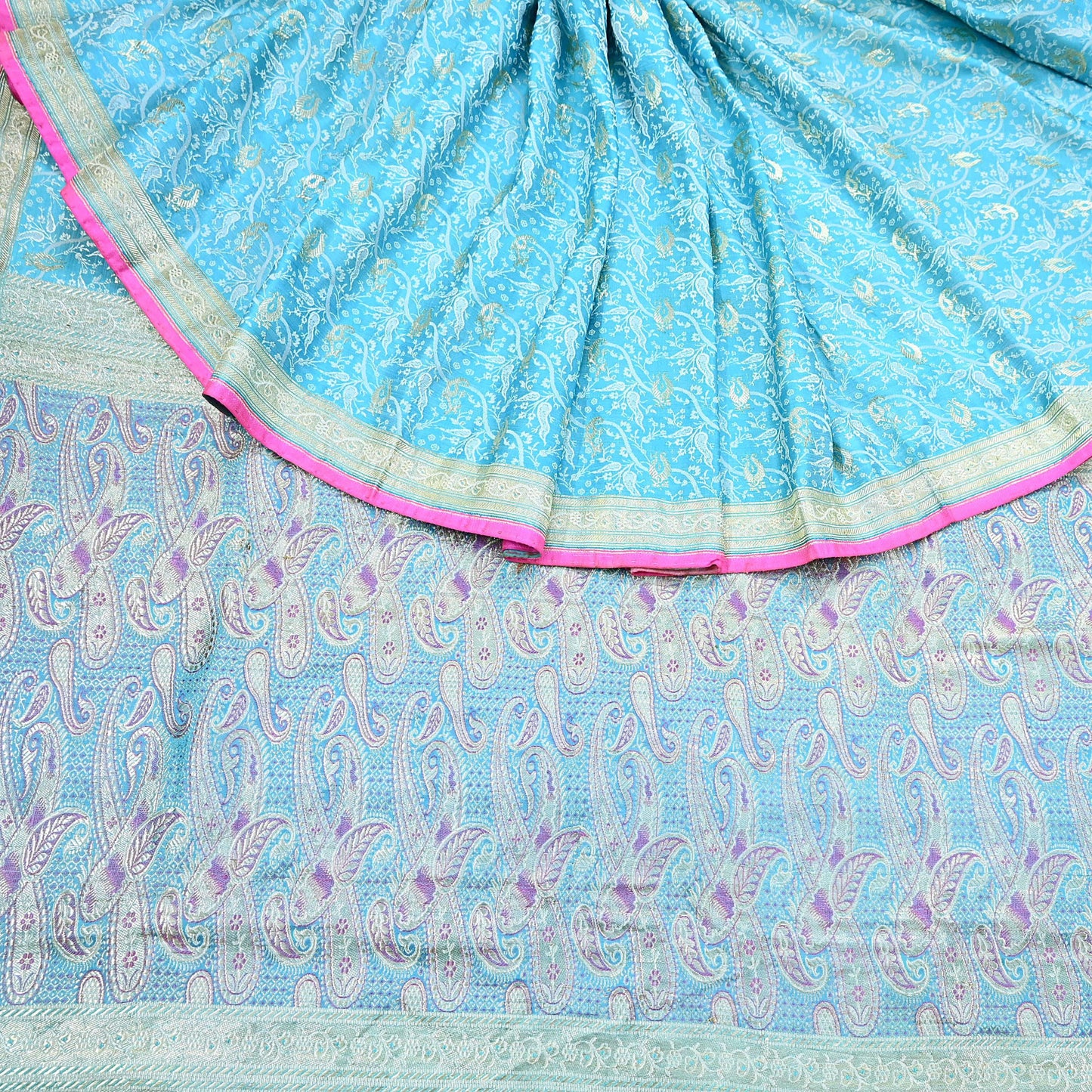 Indian Vintage Sari Blue Heavy Pure Silk Woven Banarasi Brocade Saree Fabric 5Yd Ethnic Dress making Crafting Bollywood Dress Designing Zari