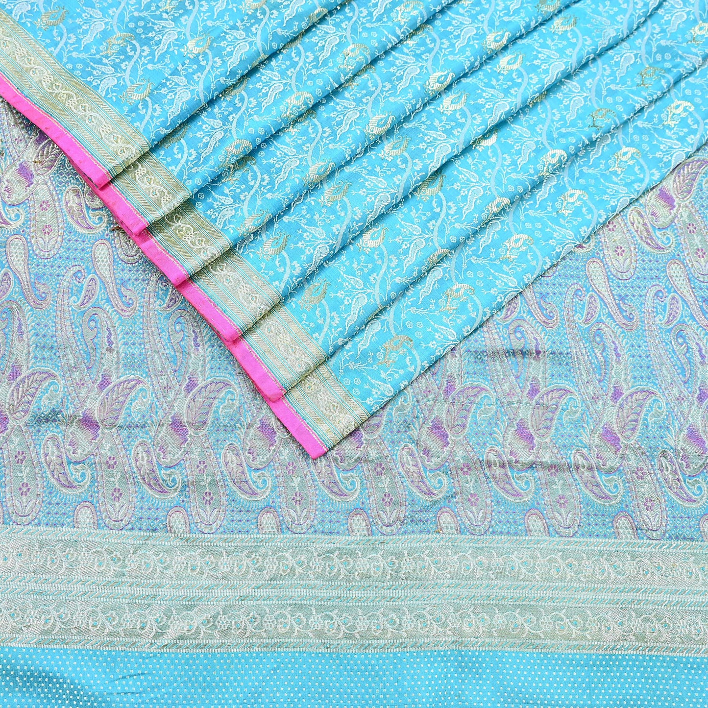 Indian Vintage Sari Blue Heavy Pure Silk Woven Banarasi Brocade Saree Fabric 5Yd Ethnic Dress making Crafting Bollywood Dress Designing Zari