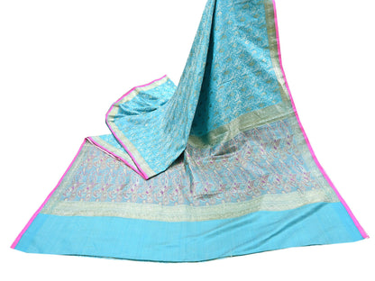 Indian Vintage Sari Blue Heavy Pure Silk Woven Banarasi Brocade Saree Fabric 5Yd Ethnic Dress making Crafting Bollywood Dress Designing Zari