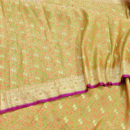Indian Vintage Sari Beige Heavy Pure Silk Woven Banarasi Brocade Saree Fabric 5Yd Ethnic Dress making Crafting Bollywood Dress Designing