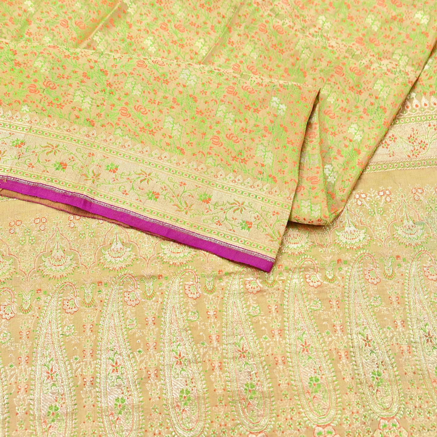 Indian Vintage Sari Beige Heavy Pure Silk Woven Banarasi Brocade Saree Fabric 5Yd Ethnic Dress making Crafting Bollywood Dress Designing