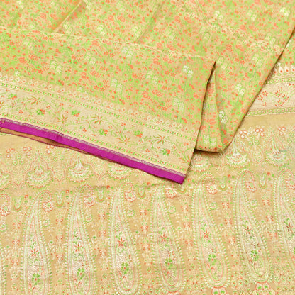 Indian Vintage Sari Beige Heavy Pure Silk Woven Banarasi Brocade Saree Fabric 5Yd Ethnic Dress making Crafting Bollywood Dress Designing