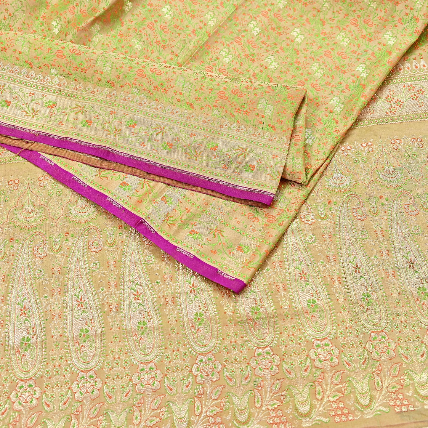 Indian Vintage Sari Beige Heavy Pure Silk Woven Banarasi Brocade Saree Fabric 5Yd Ethnic Dress making Crafting Bollywood Dress Designing