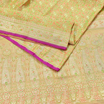 Indian Vintage Sari Beige Heavy Pure Silk Woven Banarasi Brocade Saree Fabric 5Yd Ethnic Dress making Crafting Bollywood Dress Designing