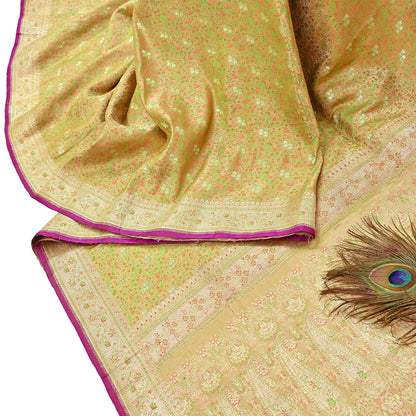 Indian Vintage Sari Beige Heavy Pure Silk Woven Banarasi Brocade Saree Fabric 5Yd Ethnic Dress making Crafting Bollywood Dress Designing