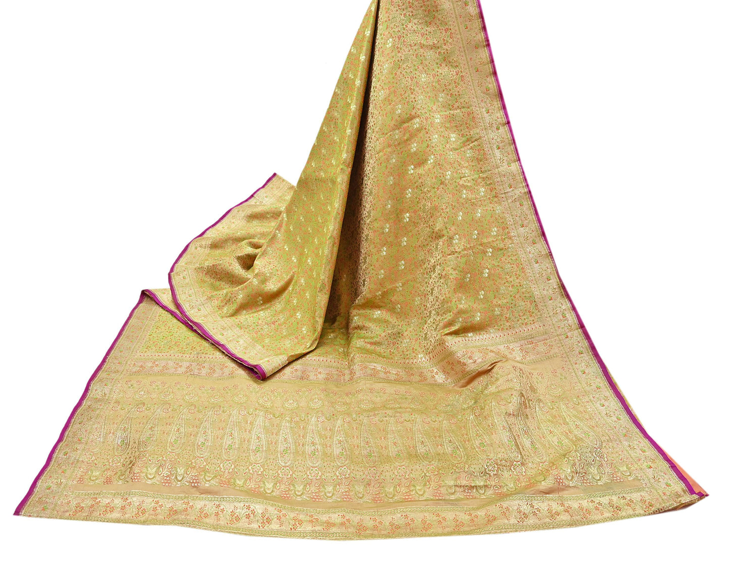 Indian Vintage Sari Beige Heavy Pure Silk Woven Banarasi Brocade Saree Fabric 5Yd Ethnic Dress making Crafting Bollywood Dress Designing