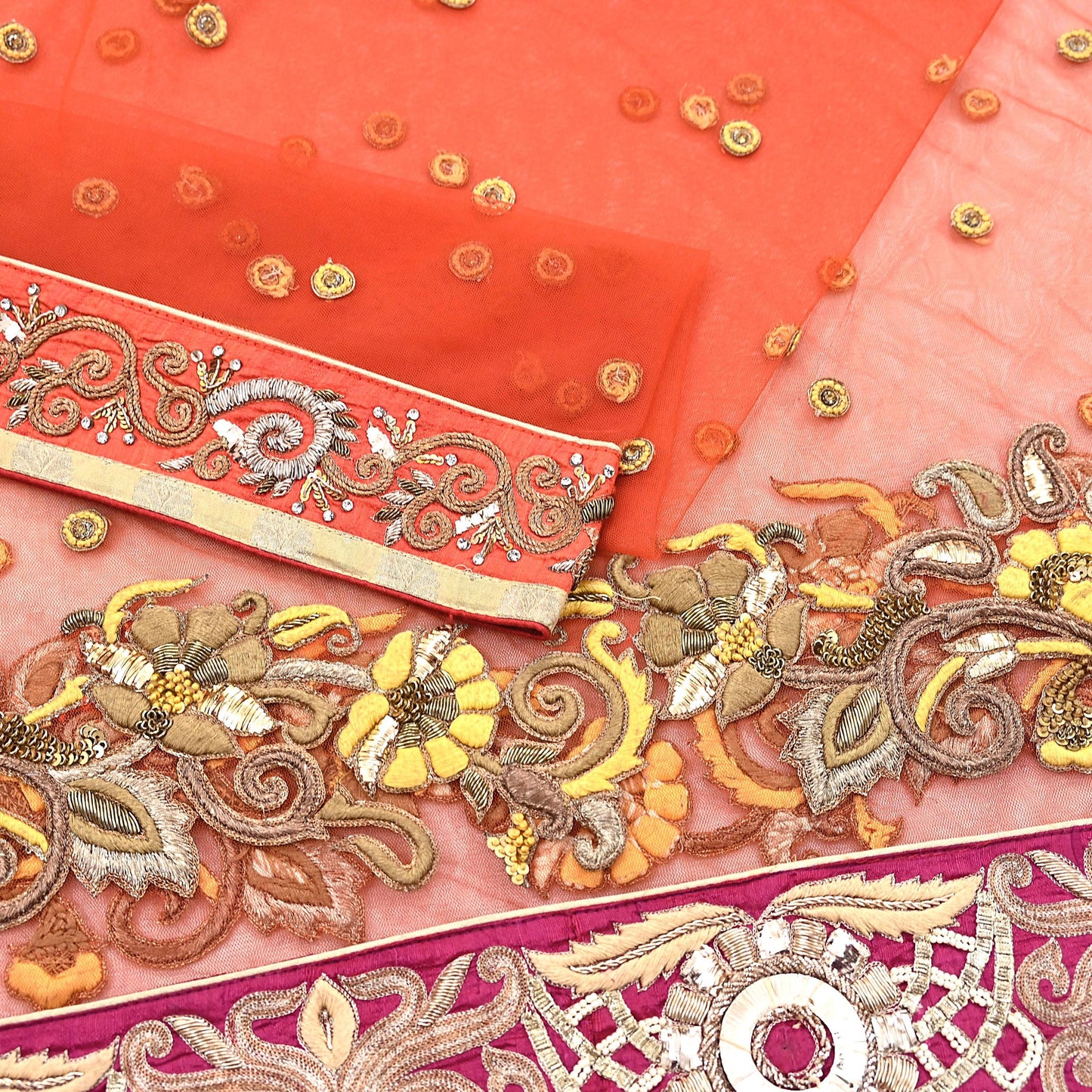Indian Vintage Heavy Orange Net/Mesh/ Velvet Hand Embroidered Dupatta Designer By Anamika Khanna Bridal Wear Dabka Zardozi Veil Hijab