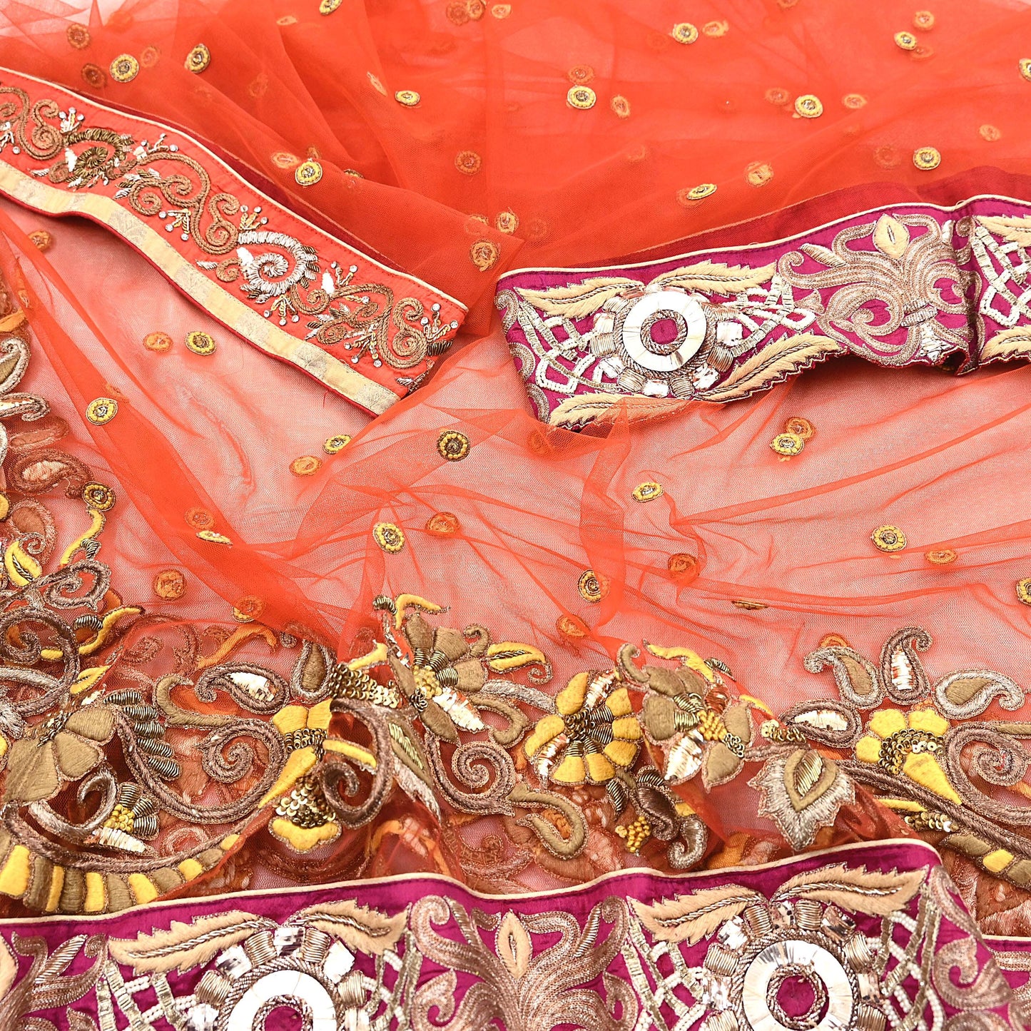 Indian Vintage Heavy Orange Net/Mesh/ Velvet Hand Embroidered Dupatta Designer By Anamika Khanna Bridal Wear Dabka Zardozi Veil Hijab