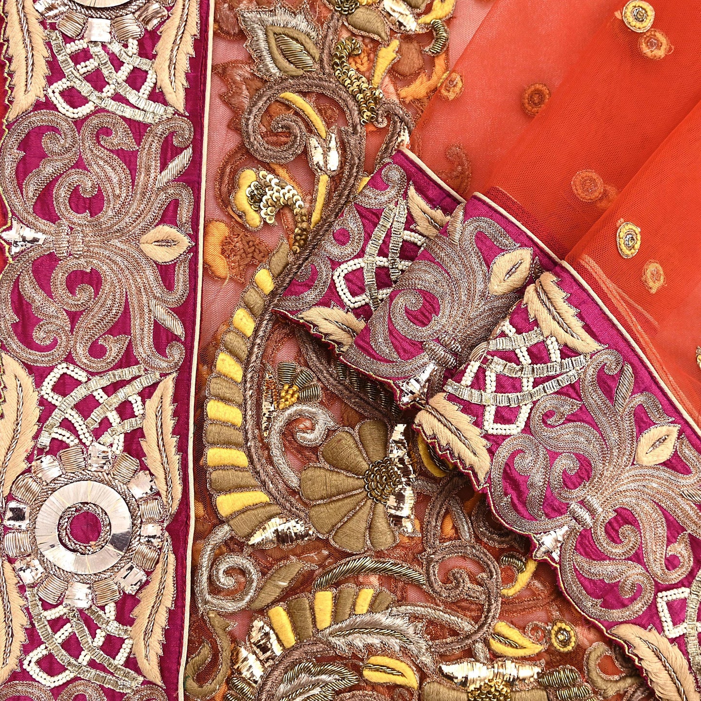 Indian Vintage Heavy Orange Net/Mesh/ Velvet Hand Embroidered Dupatta Designer By Anamika Khanna Bridal Wear Dabka Zardozi Veil Hijab