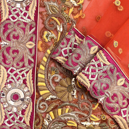 Indian Vintage Heavy Orange Net/Mesh/ Velvet Hand Embroidered Dupatta Designer By Anamika Khanna Bridal Wear Dabka Zardozi Veil Hijab