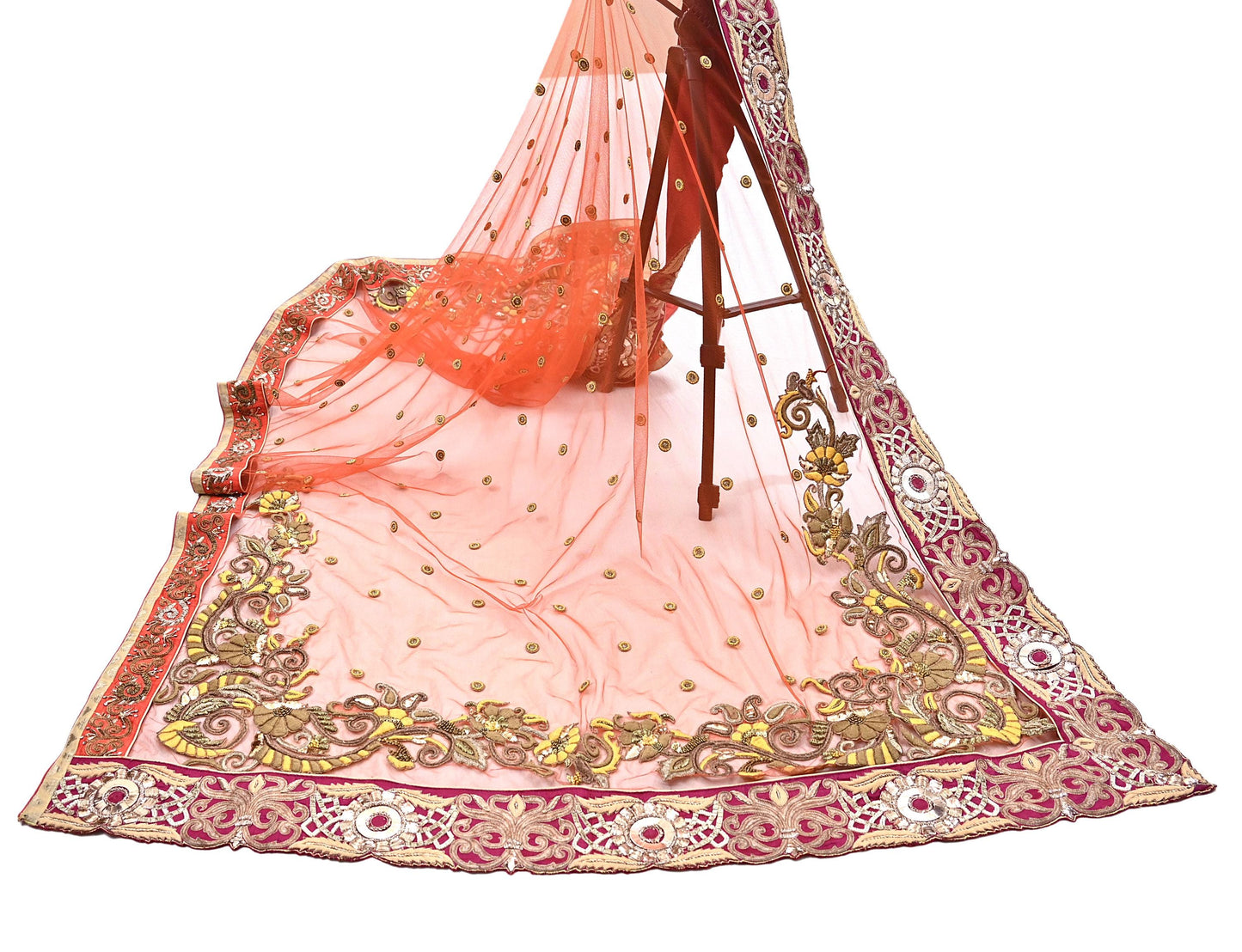 Indian Vintage Heavy Orange Net/Mesh/ Velvet Hand Embroidered Dupatta Designer By Anamika Khanna Bridal Wear Dabka Zardozi Veil Hijab