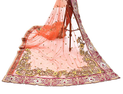 Indian Vintage Heavy Orange Net/Mesh/ Velvet Hand Embroidered Dupatta Designer By Anamika Khanna Bridal Wear Dabka Zardozi Veil Hijab