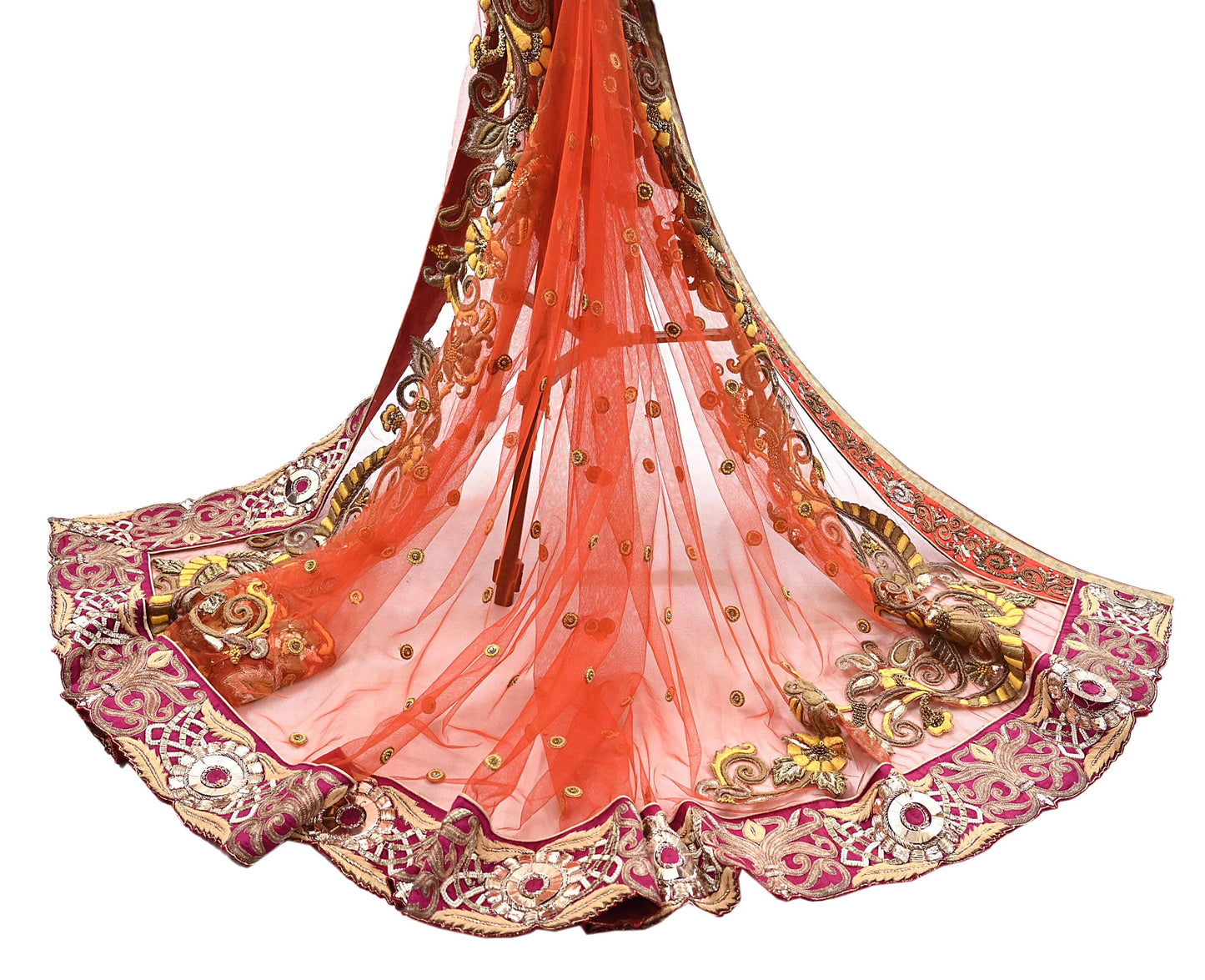 Indian Vintage Heavy Orange Net/Mesh/ Velvet Hand Embroidered Dupatta Designer By Anamika Khanna Bridal Wear Dabka Zardozi Veil Hijab