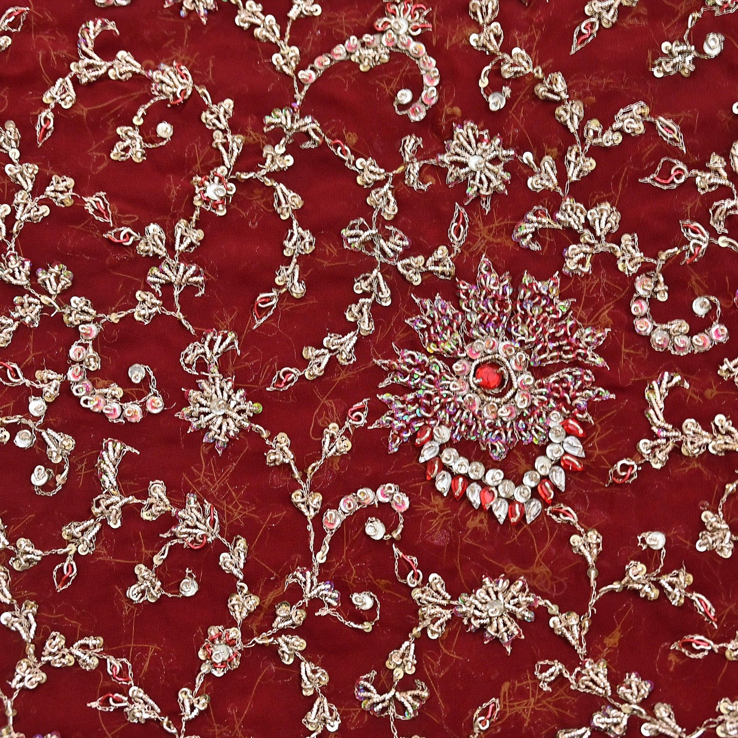 Indian Vintage Heavy Bridal Maroon Dupatta Pure Georgette Silk Long Stole Hand Embroidered Scarf Zardozi/Dabka Wedding red Hijab veil Boho