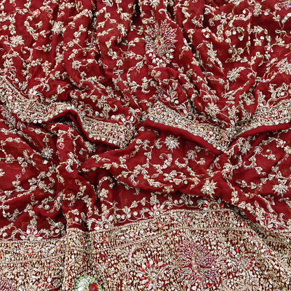 Indian Vintage Heavy Bridal Maroon Dupatta Pure Georgette Silk Long Stole Hand Embroidered Scarf Zardozi/Dabka Wedding red Hijab veil Boho