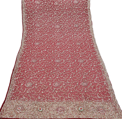 Indian Vintage Heavy Bridal Maroon Dupatta Pure Georgette Silk Long Stole Hand Embroidered Scarf Zardozi/Dabka Wedding red Hijab veil Boho