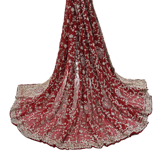 Indian Vintage Heavy Bridal Maroon Dupatta Pure Georgette Silk Long Stole Hand Embroidered Scarf Zardozi/Dabka Wedding red Hijab veil Boho