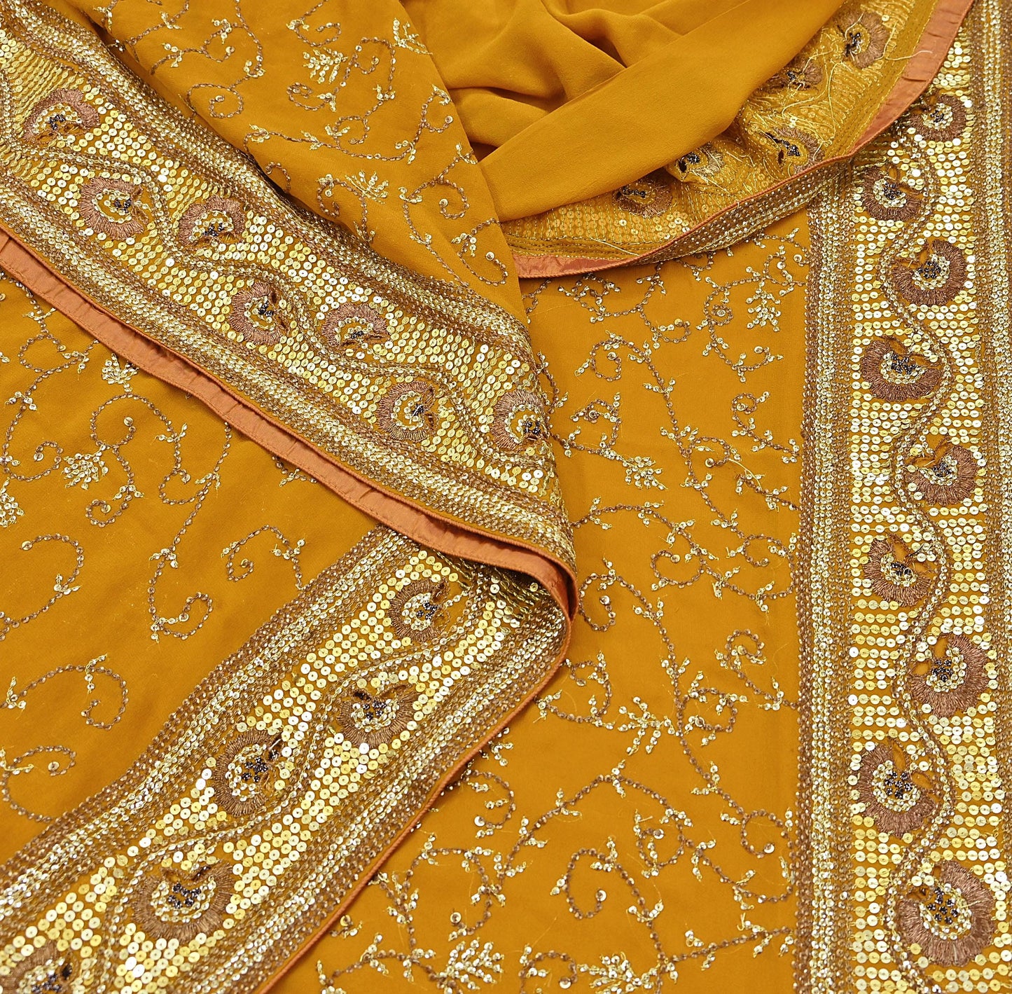Indian Vintage Heavy Sarees Mustard Pure Georgette Silk Hand Embroidered Sari Fabric 6Yd Sewing Ethnic zari with blouse fabric