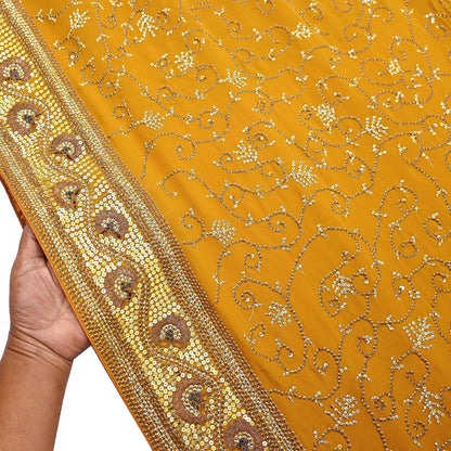 Indian Vintage Heavy Sarees Mustard Pure Georgette Silk Hand Embroidered Sari Fabric 6Yd Sewing Ethnic zari with blouse fabric