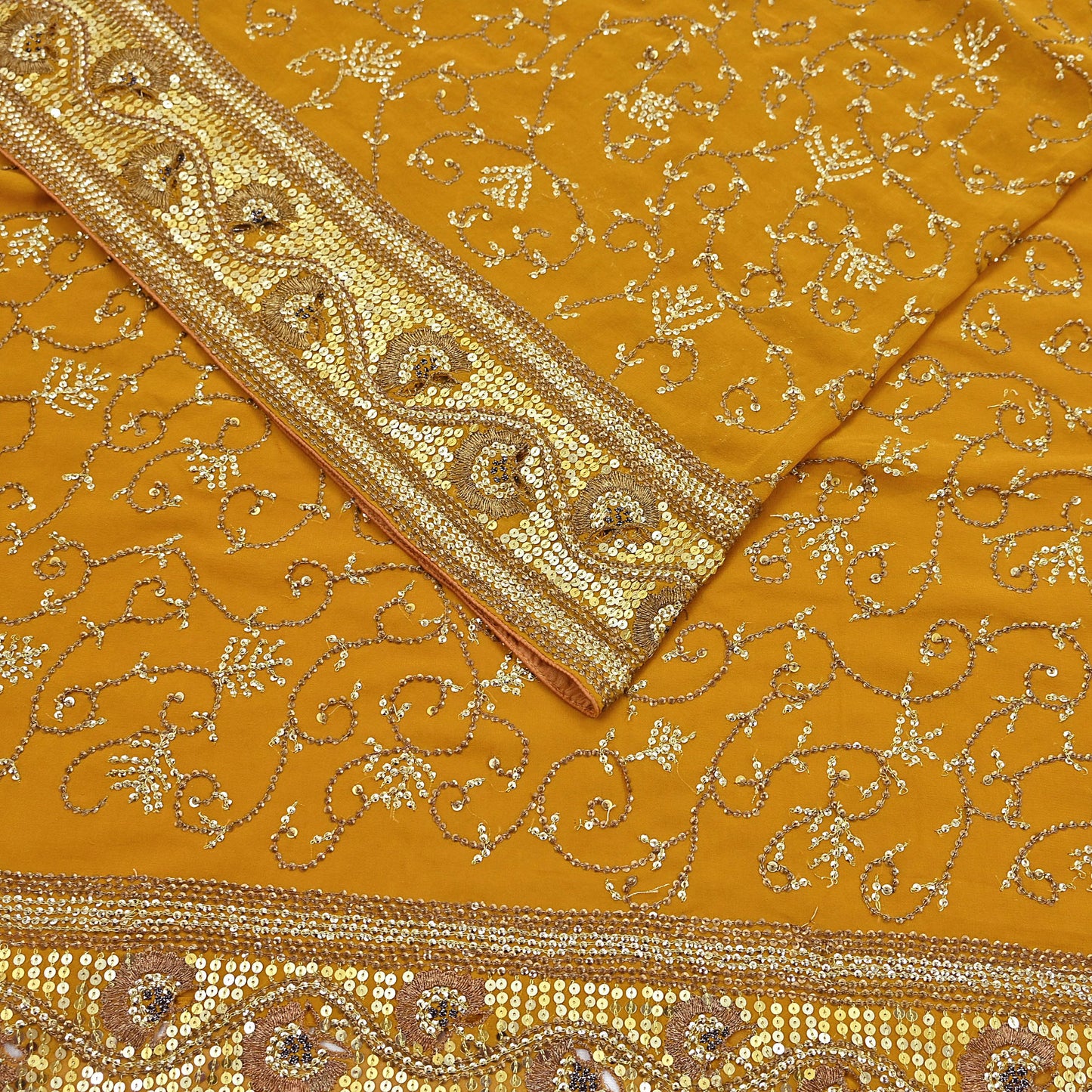 Indian Vintage Heavy Sarees Mustard Pure Georgette Silk Hand Embroidered Sari Fabric 6Yd Sewing Ethnic zari with blouse fabric