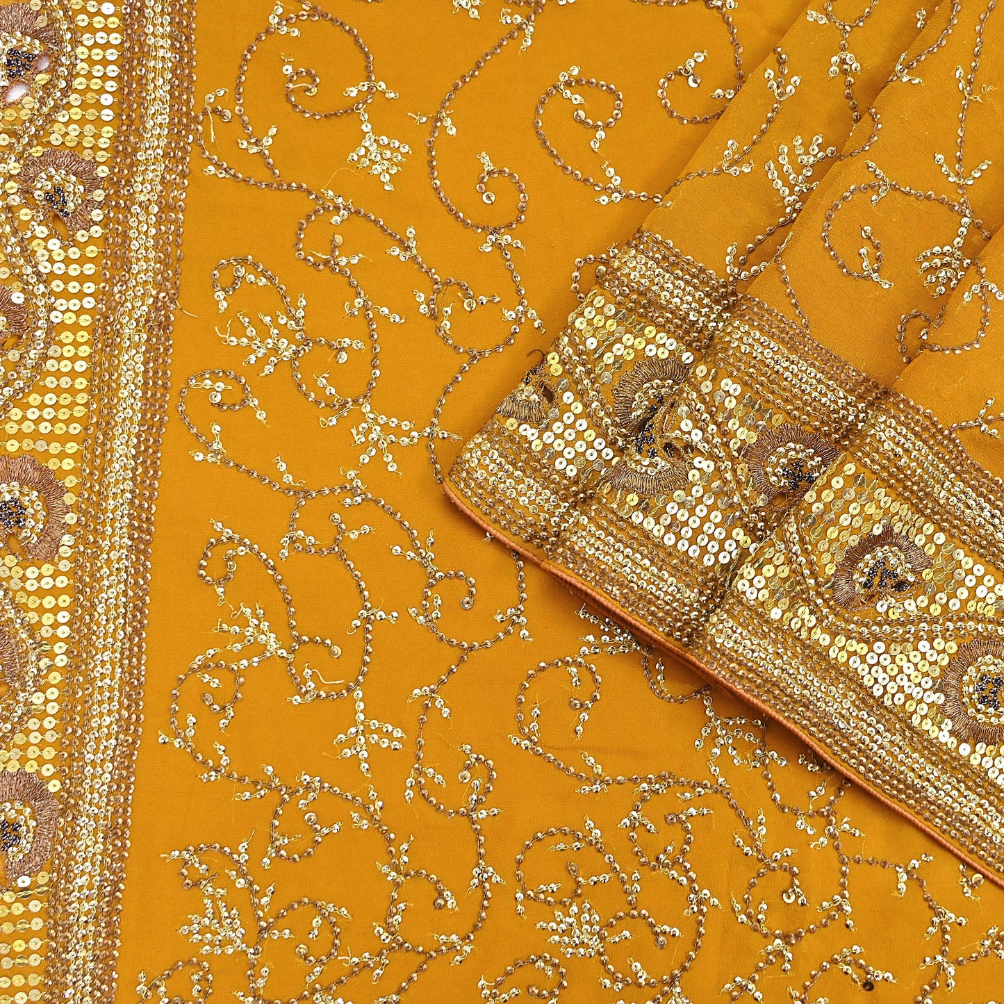 Indian Vintage Heavy Sarees Mustard Pure Georgette Silk Hand Embroidered Sari Fabric 6Yd Sewing Ethnic zari with blouse fabric