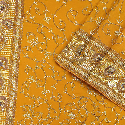 Indian Vintage Heavy Sarees Mustard Pure Georgette Silk Hand Embroidered Sari Fabric 6Yd Sewing Ethnic zari with blouse fabric