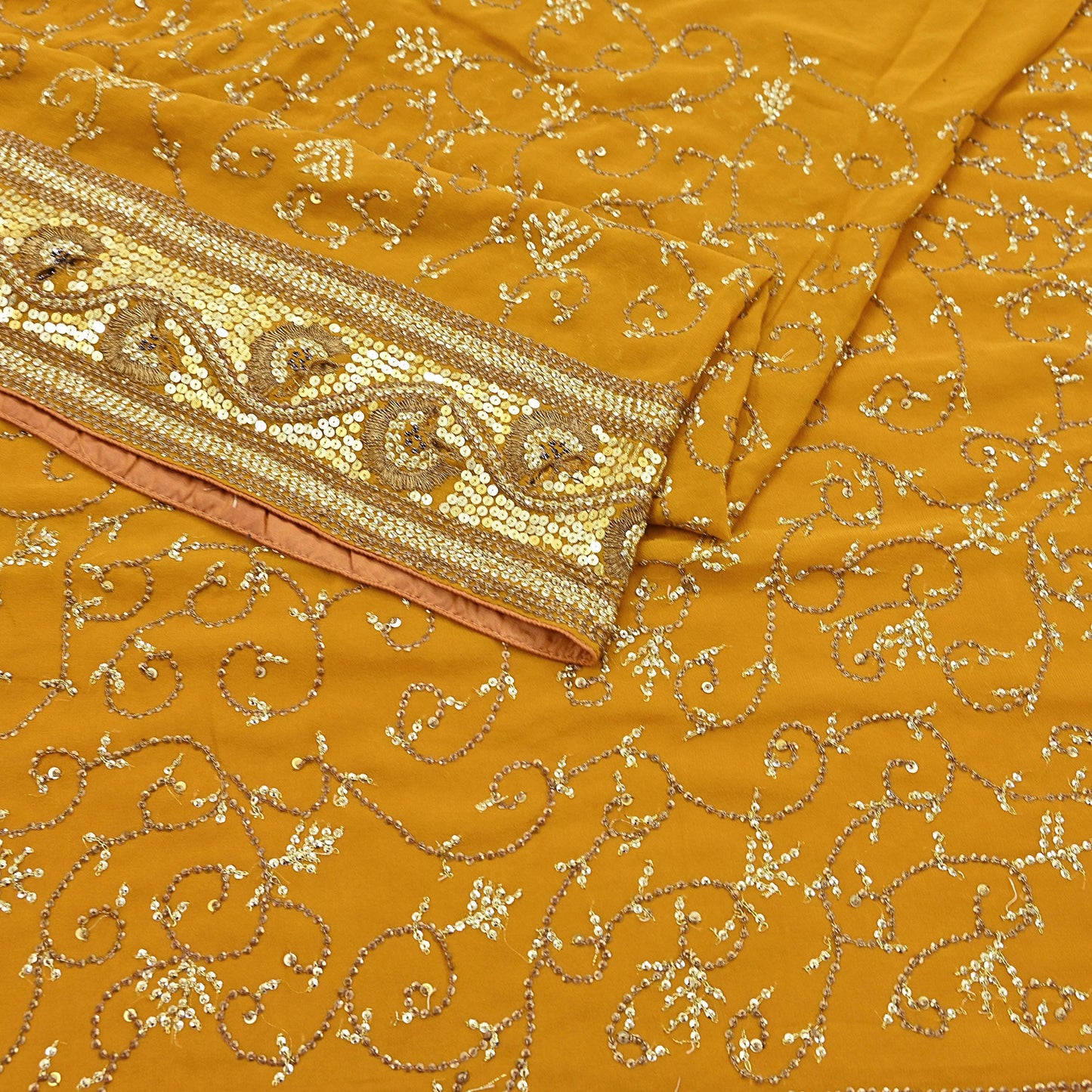 Indian Vintage Heavy Sarees Mustard Pure Georgette Silk Hand Embroidered Sari Fabric 6Yd Sewing Ethnic zari with blouse fabric