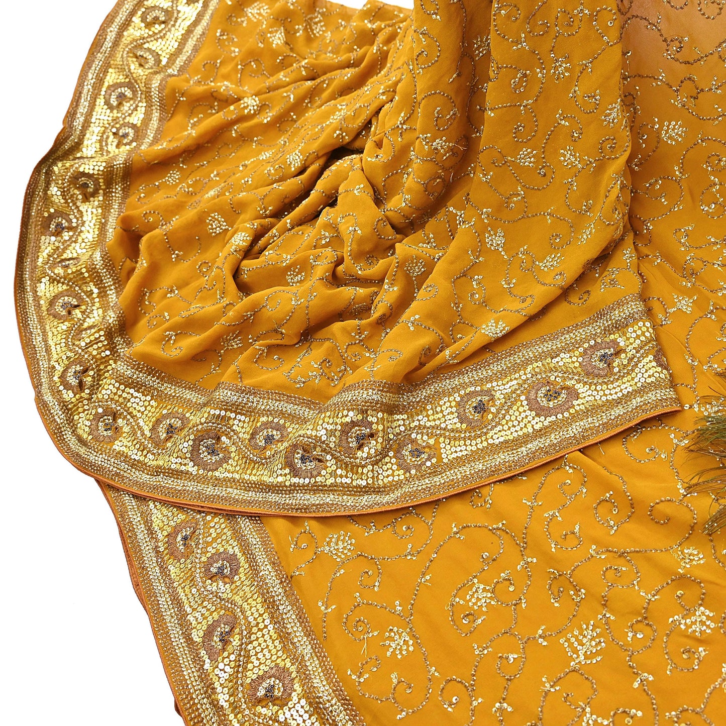 Indian Vintage Heavy Sarees Mustard Pure Georgette Silk Hand Embroidered Sari Fabric 6Yd Sewing Ethnic zari with blouse fabric