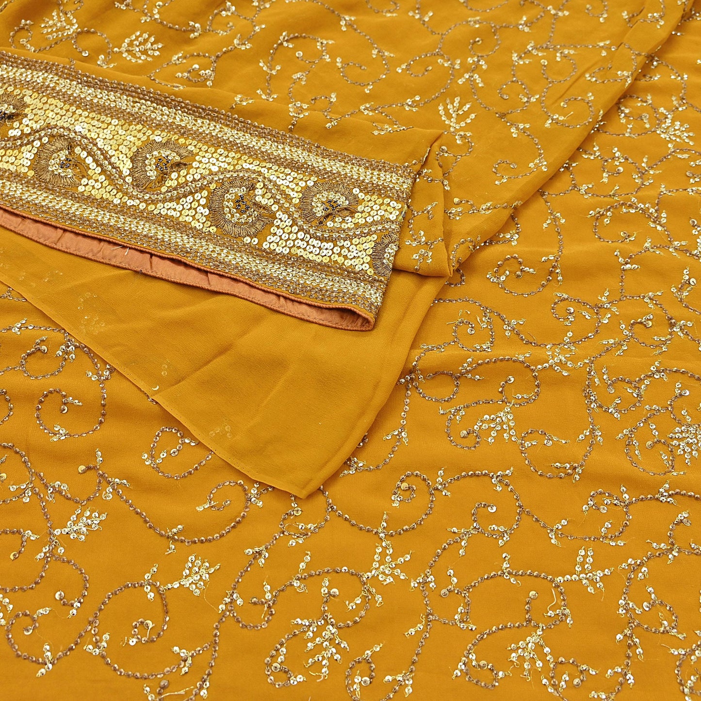Indian Vintage Heavy Sarees Mustard Pure Georgette Silk Hand Embroidered Sari Fabric 6Yd Sewing Ethnic zari with blouse fabric