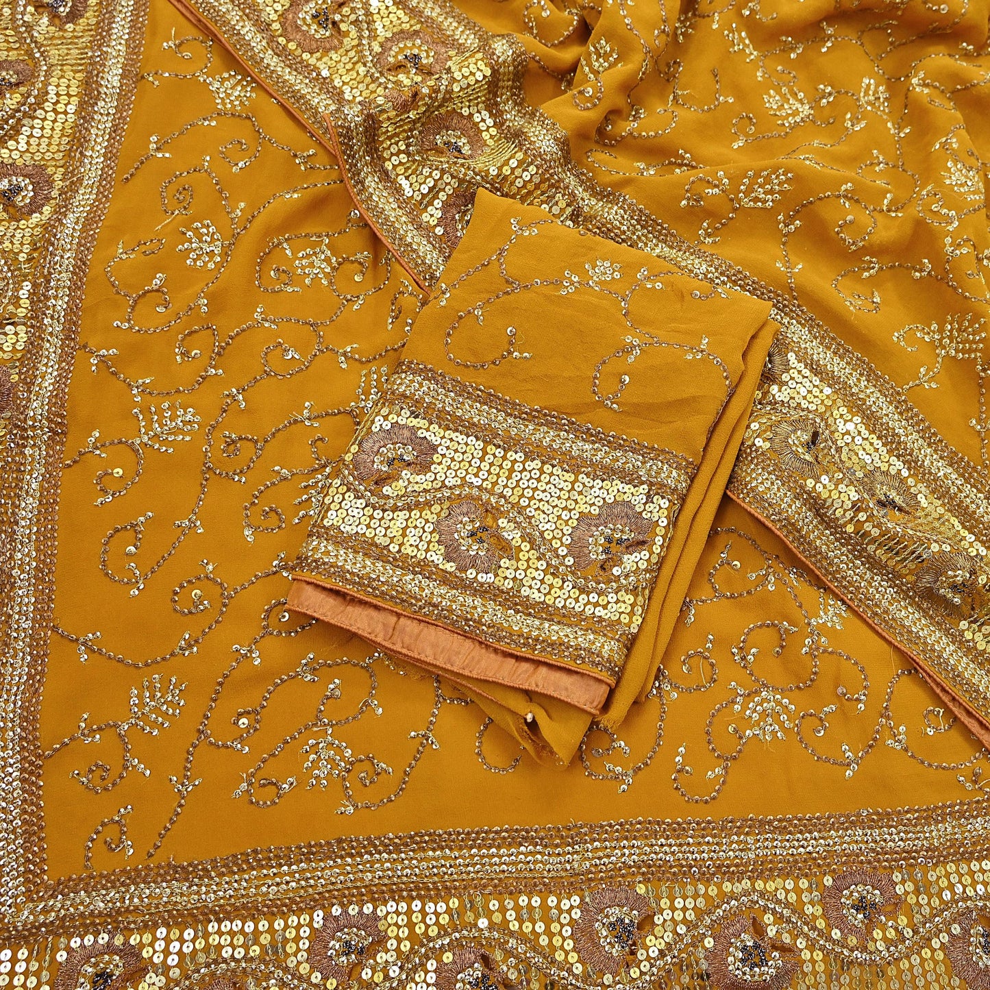 Indian Vintage Heavy Sarees Mustard Pure Georgette Silk Hand Embroidered Sari Fabric 6Yd Sewing Ethnic zari with blouse fabric