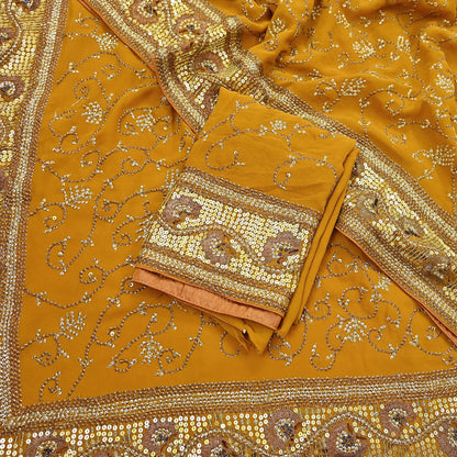 Indian Vintage Heavy Sarees Mustard Pure Georgette Silk Hand Embroidered Sari Fabric 6Yd Sewing Ethnic zari with blouse fabric