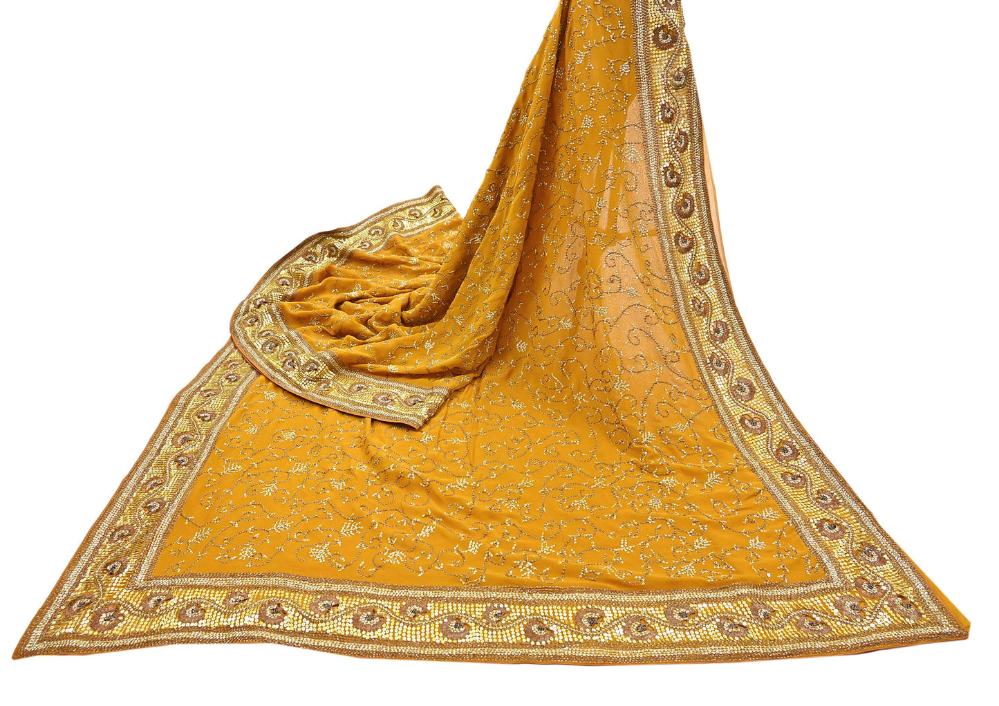 Indian Vintage Heavy Sarees Mustard Pure Georgette Silk Hand Embroidered Sari Fabric 6Yd Sewing Ethnic zari with blouse fabric