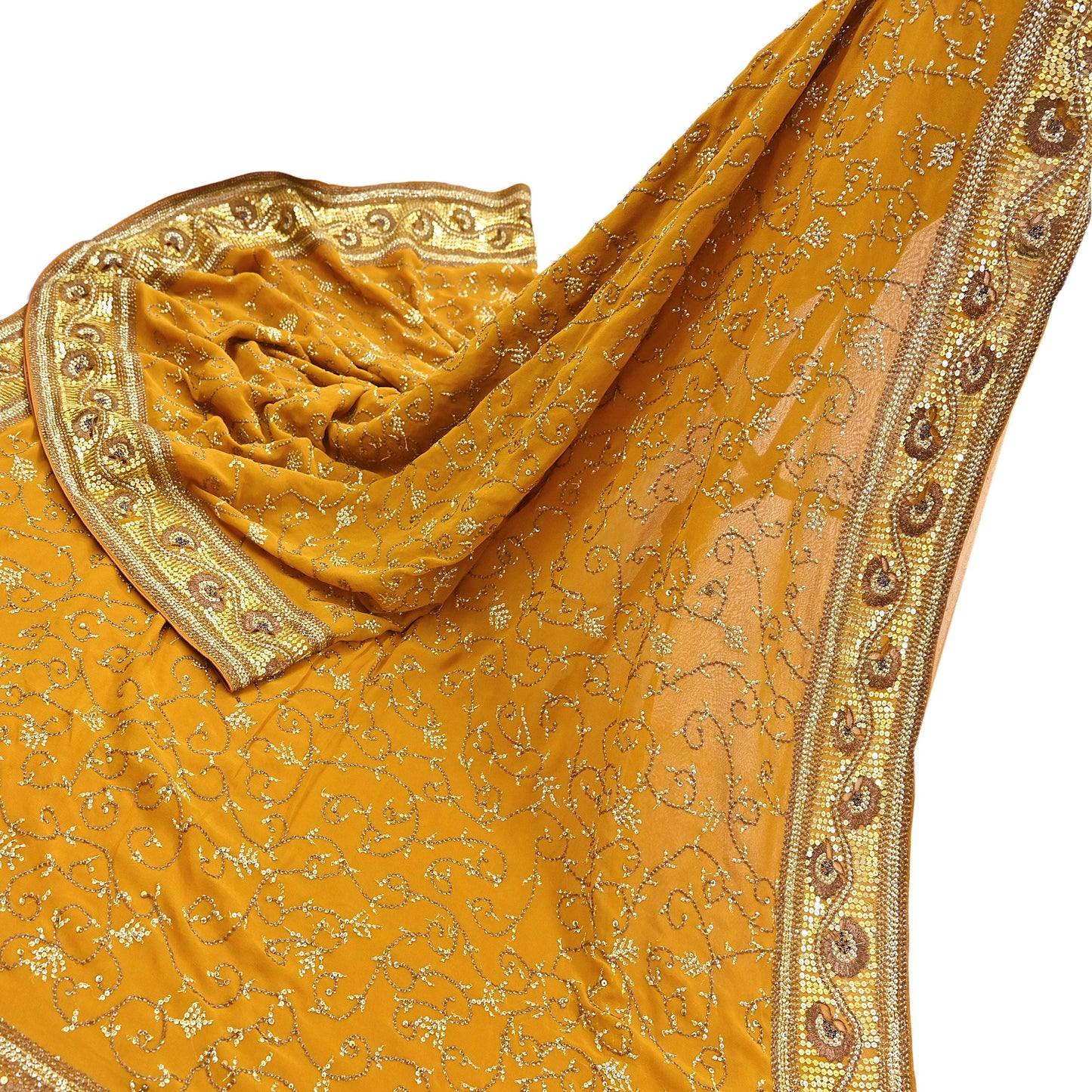 Indian Vintage Heavy Sarees Mustard Pure Georgette Silk Hand Embroidered Sari Fabric 6Yd Sewing Ethnic zari with blouse fabric