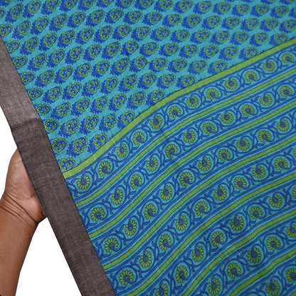 Indian Vintage Green & Blue Saree Pure Woolen Woven Printed Sari Warm Craft Fabric 5Yd Border Dress making Crafting Designing