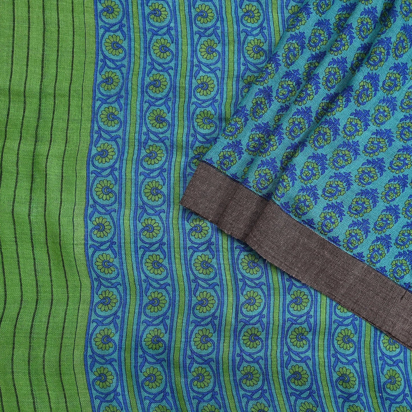 Indian Vintage Green & Blue Saree Pure Woolen Woven Printed Sari Warm Craft Fabric 5Yd Border Dress making Crafting Designing