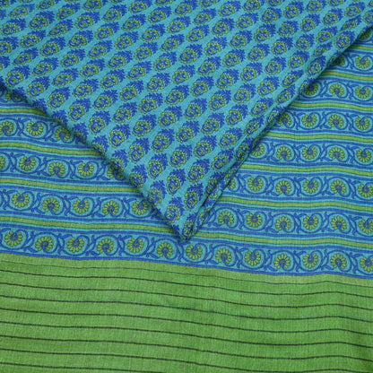 Indian Vintage Green & Blue Saree Pure Woolen Woven Printed Sari Warm Craft Fabric 5Yd Border Dress making Crafting Designing