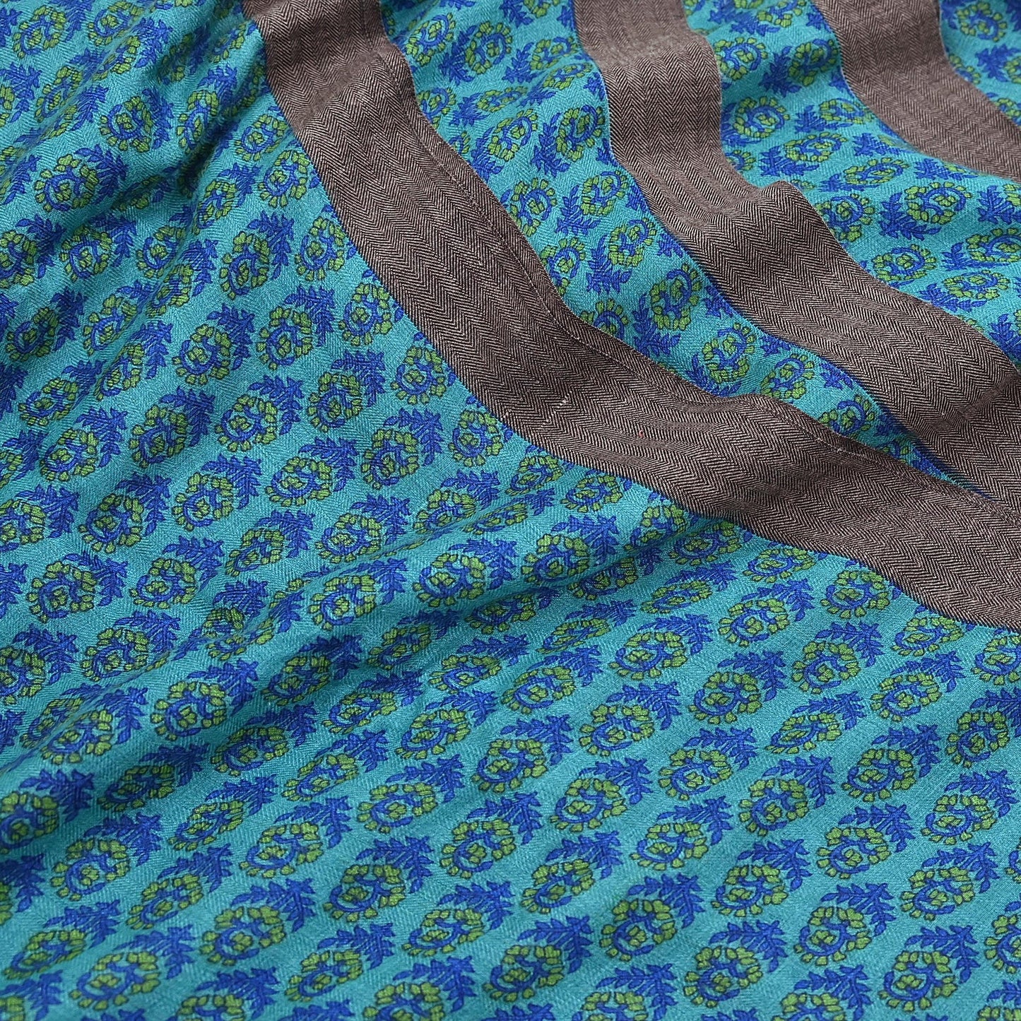 Indian Vintage Green & Blue Saree Pure Woolen Woven Printed Sari Warm Craft Fabric 5Yd Border Dress making Crafting Designing