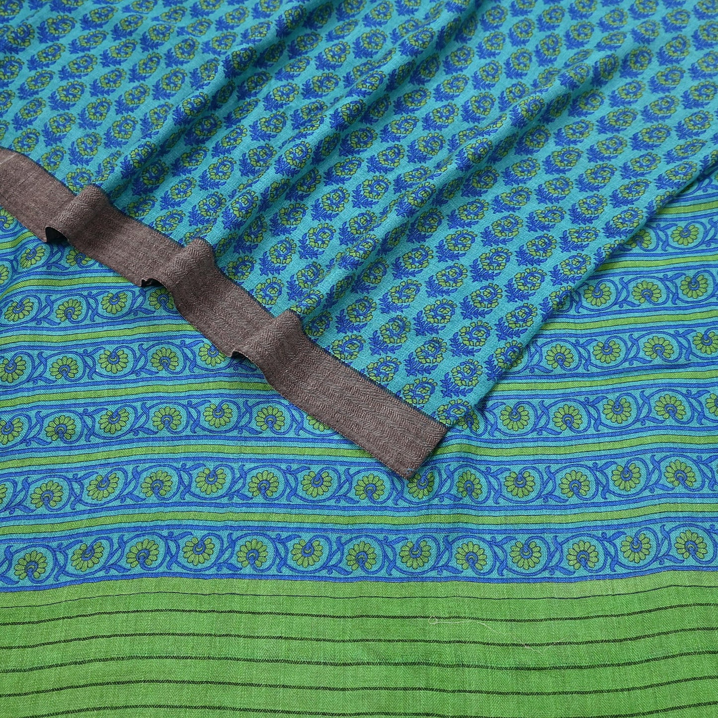 Indian Vintage Green & Blue Saree Pure Woolen Woven Printed Sari Warm Craft Fabric 5Yd Border Dress making Crafting Designing